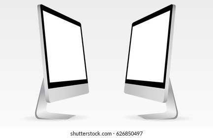 Computer monitor Apple iMac mockup with perspective view isolated on white background. Can be used to showcase design applications or web pages, presentations. Vector illustration