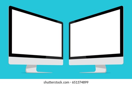 Computer monitor Apple iMac screen mockup with perspective view in flat design. Monitors with blank screens on blue background. Vector illustration