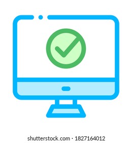 Computer Monitor And Approved Mark Vector Icon Thin Line. Approved Sign On Document File, Protection Shield And Smartphone Display Concept Linear Pictogram. Contour Illustration