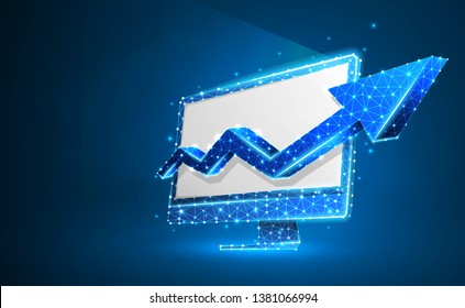 Computer monitor with arrow up symbol. White screen. Device, growth, success, display concept. Abstract, digital, wireframe, low poly mesh, vector blue neon 3d illustration. Triangle, line, dot, star