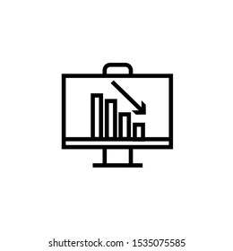 Computer monitor with arrows and bar graph going down, inspecting with a magnifying glass showing crisis situation.