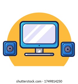 Computer monitor with audio speakers vector illustration. Flat cartoon style