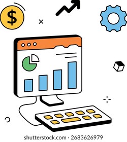 Computer Monitor with Bar Graph in a clean flat vector style. Conveys performance metrics and report illustration. Optimized for web, apps, slides, and marketing assets.