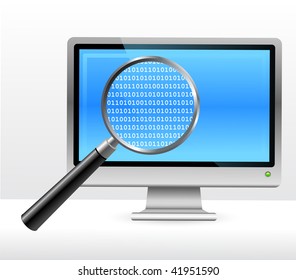  	Computer monitor with binary code under magnifying glass