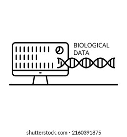 Monitor informático con datos biológicos e ilustración vectorial de la molécula de adn. Bioinformática y biotecnología. Icono de línea científica, bases de datos y bibliotecas de recopilación y análisis de biodatos