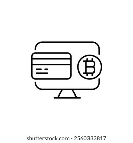 Computer monitor, bitcoin and credit card. Currency exchange, crypto wallet payment and transactions. Pixel perfect vector icon