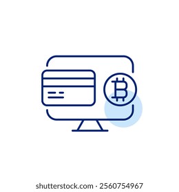 Computer monitor, bitcoin and credit card. Currency exchange, crypto wallet payment and transactions. Pixel perfect, editable stroke icon