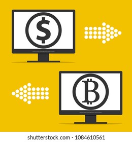 Computer monitor with bitcoin symbol. Flat modern design concept of cryptocurrency technology, bitcoin making. Vector illustration.