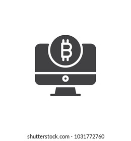 Computer monitor with bitcoin vector icon. filled flat sign for mobile concept and web design. Mining crypto virtual money simple solid icon. Cryptocurrency symbol, logo illustration