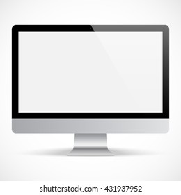 Computer Monitor Black Color With Blank Screen And Shadow For System Unit Isolated On Grey Background. Realistic And Detailed Display Mockup. Stock Vector Illustration