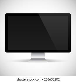 computer monitor black color for system unit with blank screen and flare isolated on grey background. detailed and realistic devices mockup. stock vector illustration