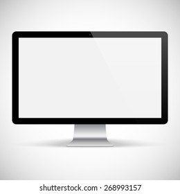 Computer Monitor Black Color For System Unit With Blank Screen And Flare Isolated On Grey Background. Detailed And Realistic Devices Mockup. Stock Vector Illustration