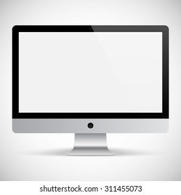 computer monitor black color for system unit with blank screen and flare isolated on grey background. realistic and detailed device mockup. stock vector illustration