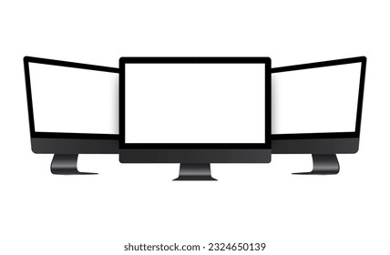 Computer Monitor, Black Mockup, Front and Side View, Isolated on White Background. Vector Illustration