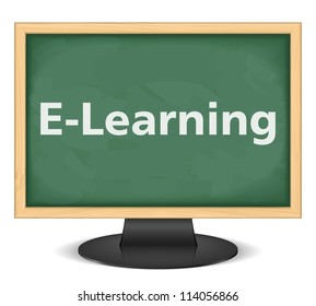 Computer monitor with blackboard instead of screen, e-learning concept, vector eps10 illustration