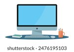 Computer Monitor blank display screen with flower pot and pencil box. Desktop, pc, laptop flat vector illustration