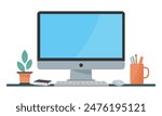 Computer Monitor blank display screen with flower pot and pencil box. Desktop, pc, laptop flat vector illustration