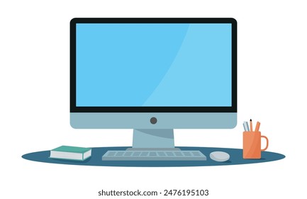 Computer Monitor blank display screen with flower pot and pencil box. Desktop, pc, laptop flat vector illustration