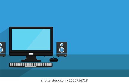 Computer Monitor blank display screen with work table, Desktop mockup in blue white and yellow background with copy space.