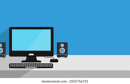 Computer Monitor blank display screen with work table, Desktop mockup in blue white and yellow background with copy space.
