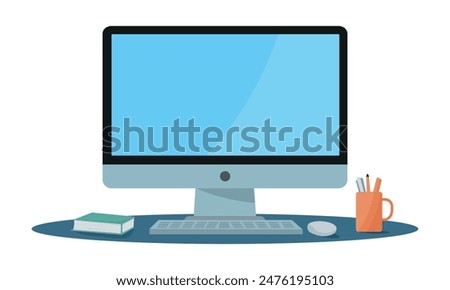 Computer Monitor blank display screen with flower pot and pencil box. Desktop, pc, laptop flat vector illustration