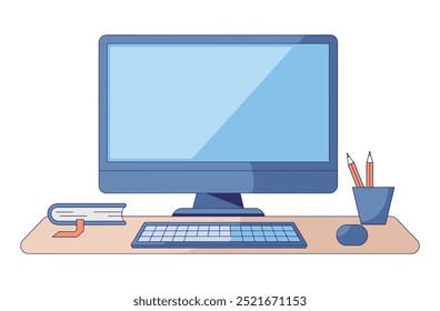 Computer monitor with blank screen, flower pot, and pencil box. Flat vector illustration ideal for desktop, PC, and laptop-themed designs. Perfect for office or workspace visuals.