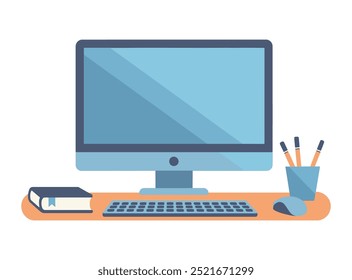 Monitor de computadora con pantalla en blanco, maceta y caja de lápices. Ilustración vectorial plana ideal para diseños de escritorio, PC y portátiles. Perfecto para oficina o espacio de trabajo visual.