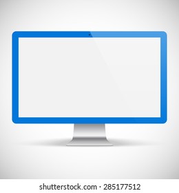 computer monitor blue color for system unit with blank screen and flare isolated on grey background. detailed and realistic device mockup. stock vector illustration