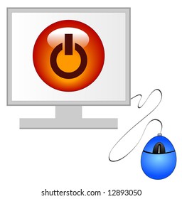 computer monitor with blue mouse and power button - vector