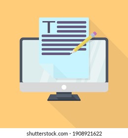 computer monitor and blue sheet of text document with pencil on yellow background with long shadow. flat design illustration. online education concept