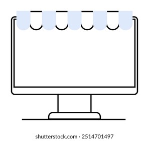 Um monitor de computador com um toldo de frente de loja listrada azul e branca. Ideal para compras on-line, varejo digital, e-commerce, web design e temas da indústria tecnológica. Design vetorial moderno e elegante.