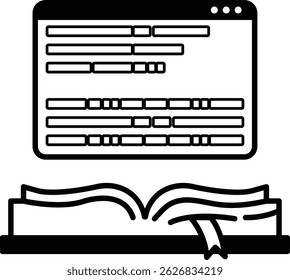 A computer monitor with a book open on the right side