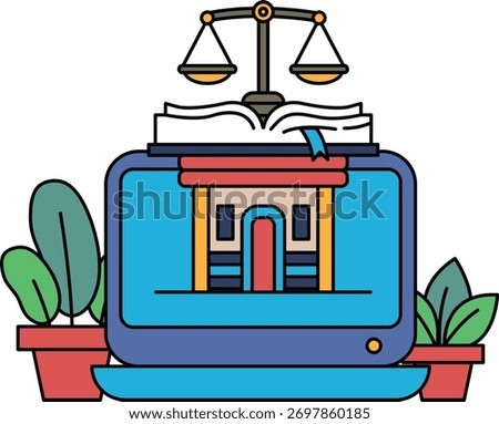 A computer monitor with a book and scales on top of it. The scales are on the left side of the monitor and the book is on the right side. Concept of balance and justice