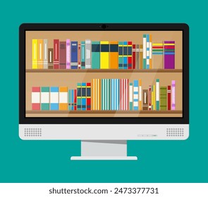 Computer monitor and book shelf. Digital library, online book store, e-reading. Bookcase with different books. Vector illustration in flat style