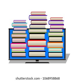 computer monitor and books on white background. Online library, gain knowledge, training through the Internet. Vector Illustration
