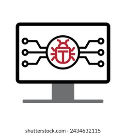 Computer monitor with bug in circuit board, computer bug icon vector