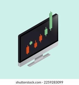 Computer monitor with bullish trading chart in candlestick format, with one green candlestick standing out for its exceptional height beyond monitor. Strong price growth and a bullish trend