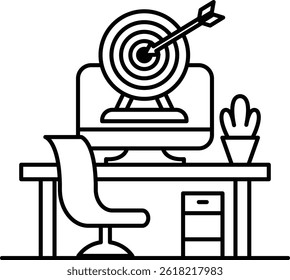 A computer monitor with a bullseye on it and a plant in the background