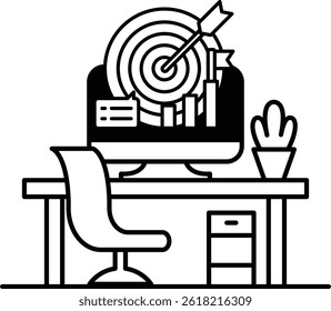 A computer monitor with a bullseye on it sits on a desk with a chair