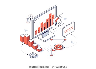 Computer monitor with business analytic diagrams. Business growth searching. Commercial technology concept isometric line vector illustration. Marketing strategy tools cartoon items colour composition