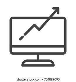 Computer monitor with business graph growing chart  line icon, outline vector sign, linear style pictogram isolated on white. Symbol, logo illustration. Editable stroke