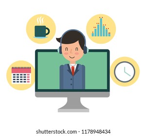 computer monitor with businessman and set icons