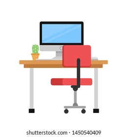 Computer monitor and cactus on table and red chair on white, stock vector illustration