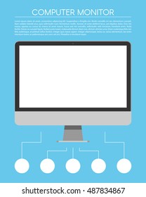 Computer monitor with camera flat sign. Computer infographic concept. Vector illustration in trendy design on blue background for infographic design, publications and promotional materials