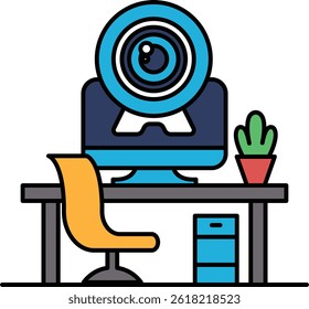 A computer monitor with a camera on it sits on a desk with a chair and a potted plant. Concept of productivity and focus, as the computer is a tool for work or study
