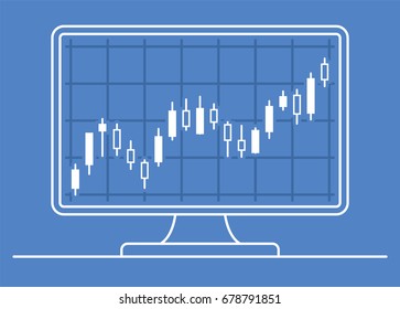 Computer monitor with candle chart of forex or stock data graphic in thin line style. Set of various indicators for stock forex trade. Online trading concept. Vector illustration.