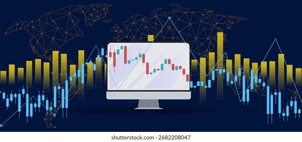 Monitor de computador com gráfico de castiçal, dados de estoque vermelho e verde, barras verticais em amarelo e azul, rede global do mercado financeiro em fundo azul escuro