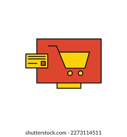 computer, monitor, cart, card, online cart payment icon