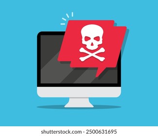 Monitor de ordenador con notificación de precaución en un diseño plano. Error, spam, mensaje de phishing