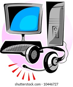 a computer monitor, cental processing unit and headphone	